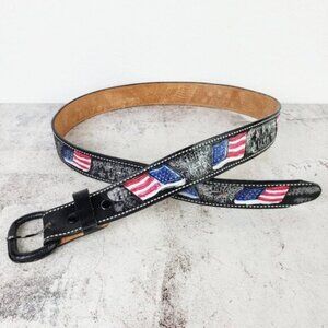 Vintage Leather Belt Tooled Painted Patriotic USA Flag size 38 Stars & Stripes